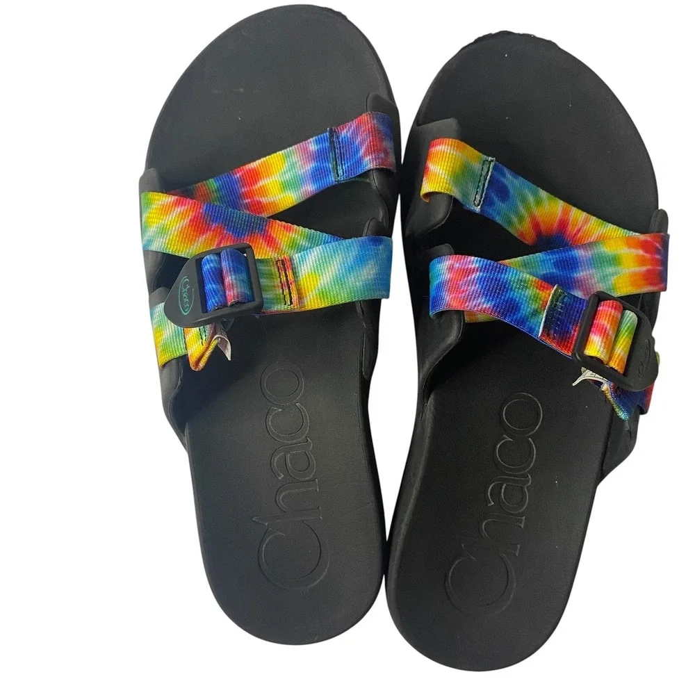 Chaco Chillos Slide Sandals Men 11 Black Rainbow Tie‎ Dye Adjustable Straps EVA